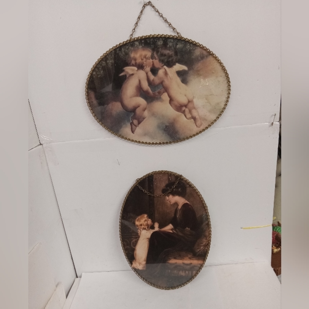 Lot 2 Rare Flue Covers Oval Chain Frames Glass Art Wall Hanging 11x8" Vintage